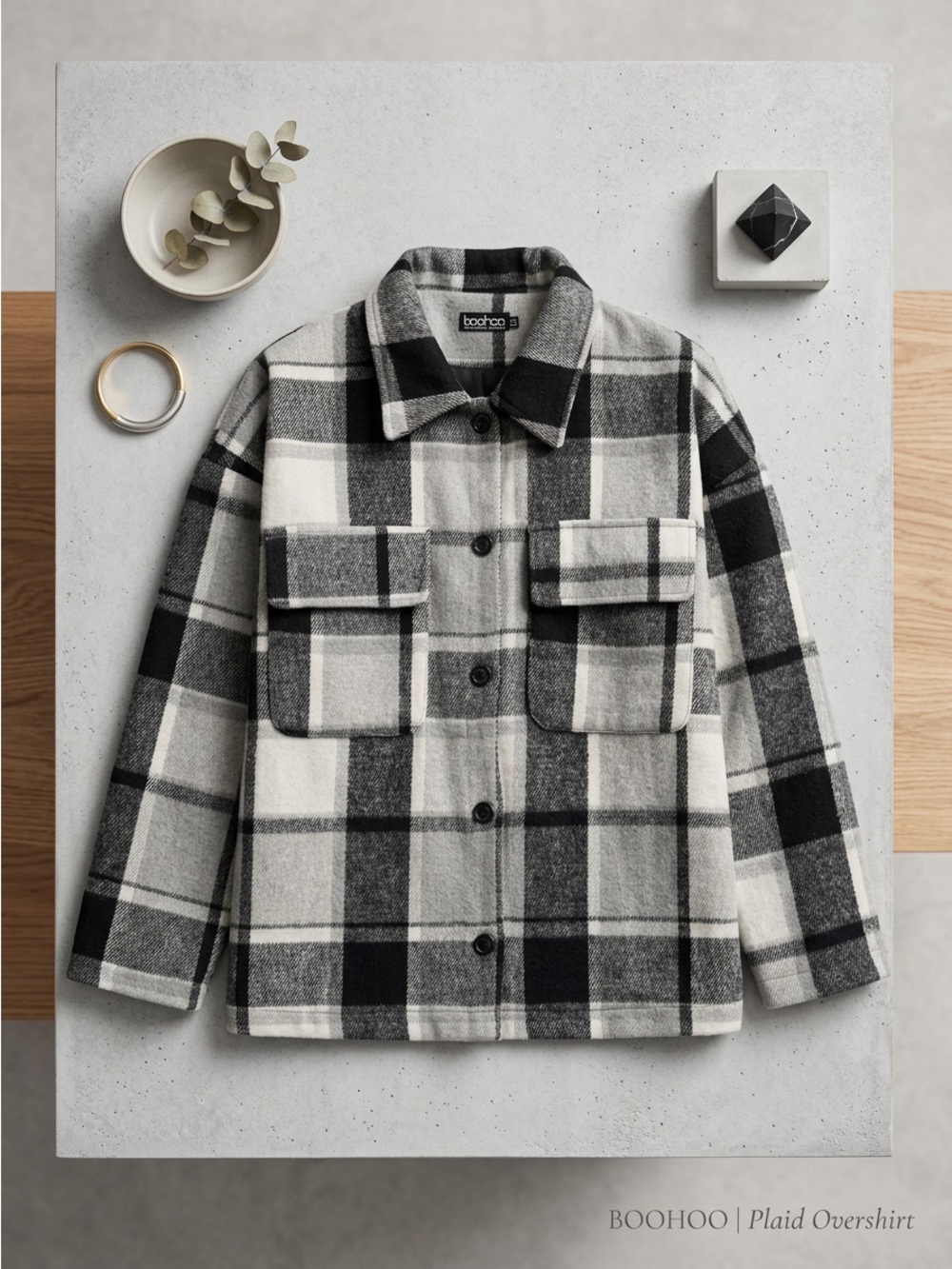 Boohoo Grey Plaid Flannel Shacket Jacket Womens US 6 Oversized Button Up GUC